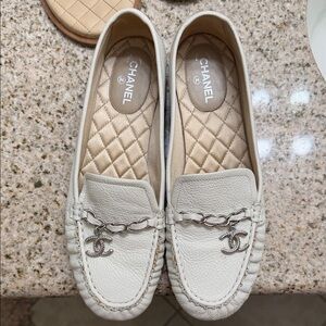 CHANEL Cream Leather Loafers with Silver Accent